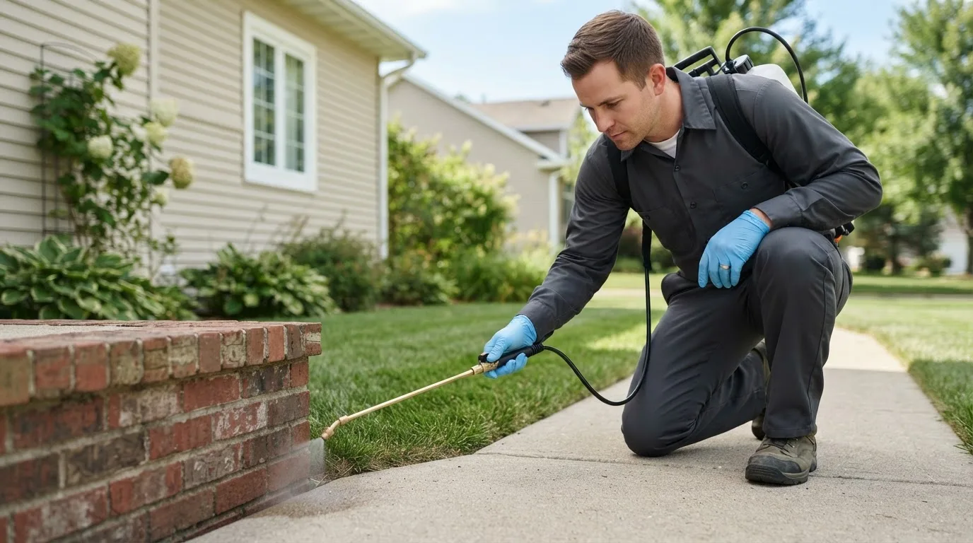 Pest control technician treating a home near Roachdale, IN